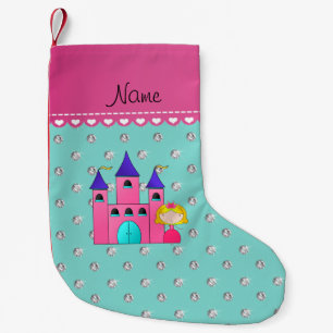 Custom name princess castle seafoam green diamonds small christmas stocking
