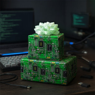 Custom Name Printed Circuit Pattern - Green Geeky Wrapping Paper