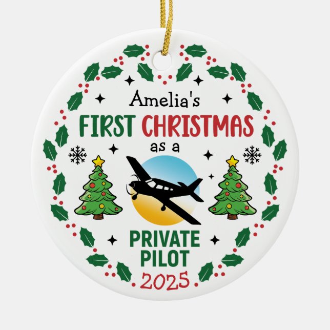 Custom Name Private Pilot Personalized Christmas Ceramic Ornament (Front)