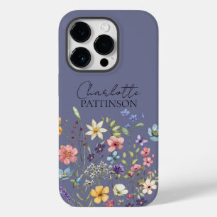 Custom Name Pruple Grey Botanical Wildflower Case-Mate iPhone 14 Pro Case