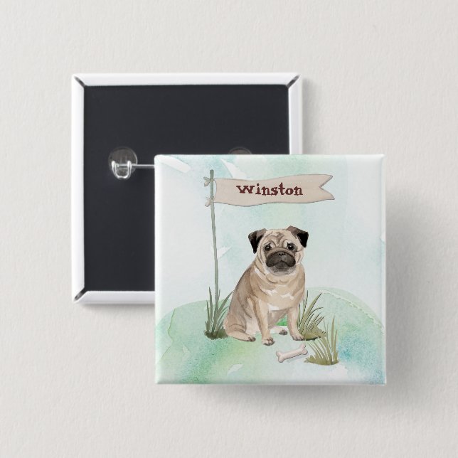 Custom Name Pug Pet Dog 2 Inch Square Button (Front & Back)