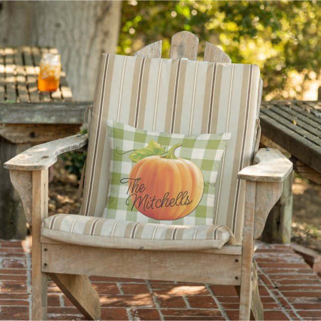 Custom Name Pumpkin Autumn Green Gingham Pattern Outdoor Pillow (Chair)