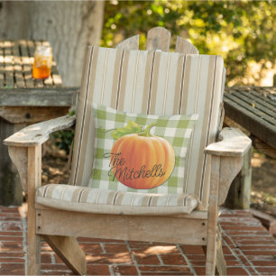 Custom Name Pumpkin Fall Green Gingham Pattern Outdoor Pillow