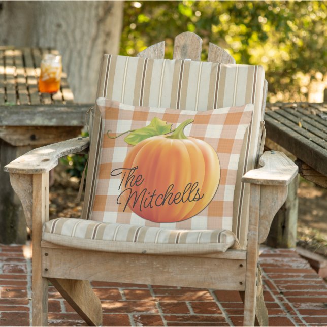 Custom Name Pumpkin Fall Orange Gingham Pattern Outdoor Pillow (Chair)