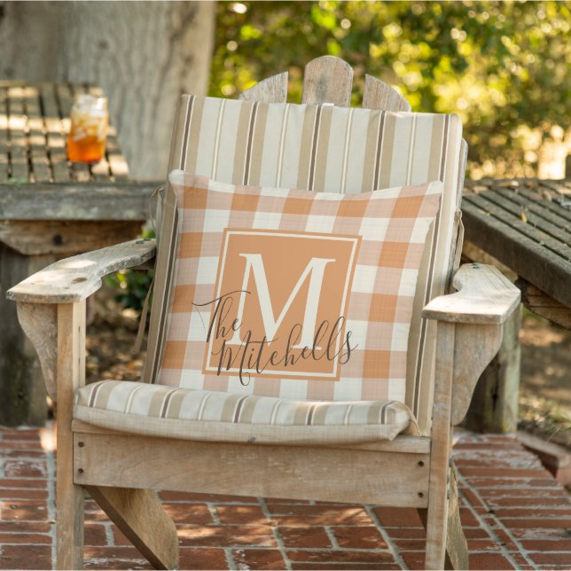 Custom Name Pumpkin Fall Orange Gingham Pattern Outdoor Pillow (Chair)