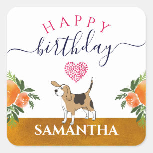 Custom Name Puppy/Paw Prints Floral Happy Birthday Square Sticker