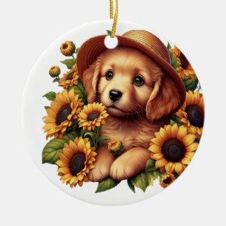 Custom name puppy wearing a hat sunflowers  ceramic ornament