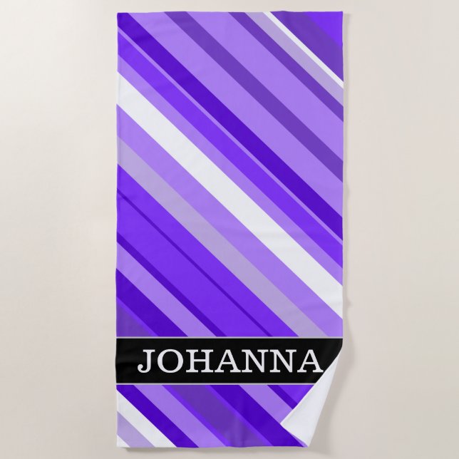 Custom Name + Purple and White Striped Pattern Beach Towel (Front)