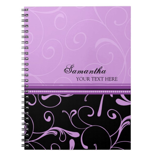 Custom Name Purple Black Swirls Notebook (Front)
