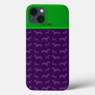 Custom name purple dachshund green stripe iPhone 13 case