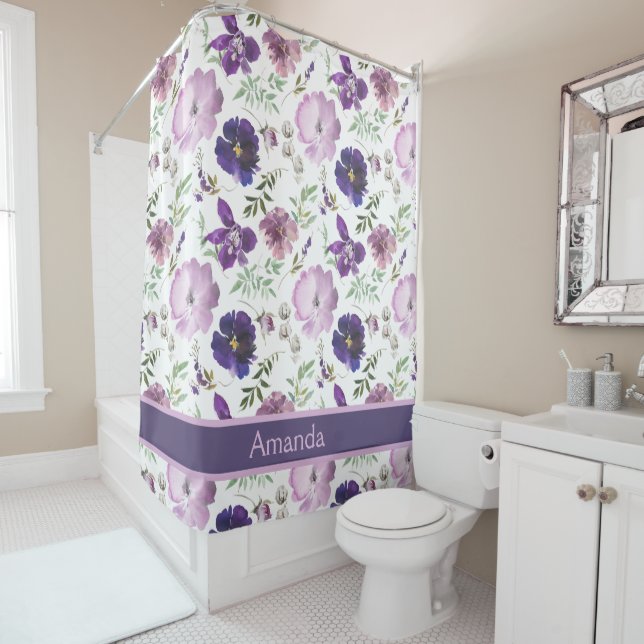 Custom Name Purple Floral Pattern Elegant Bath (In Situ)