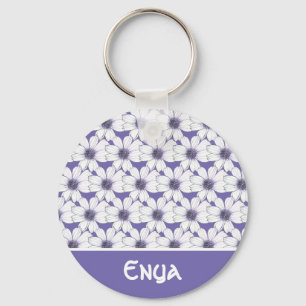 Custom Name Purple flower pattern Button Key Ring