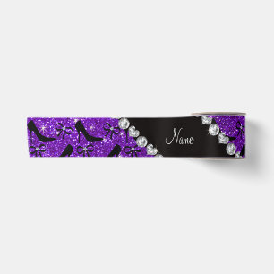 Custom name purple glitter black high heels bow satin ribbon