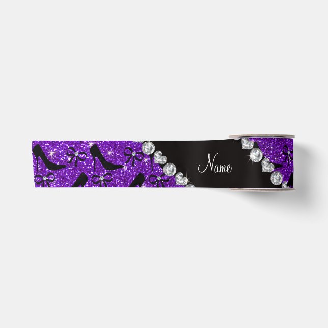 Custom name purple glitter black high heels bow satin ribbon (Front)