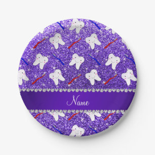 Custom name purple glitter brushes and tooth paper plate