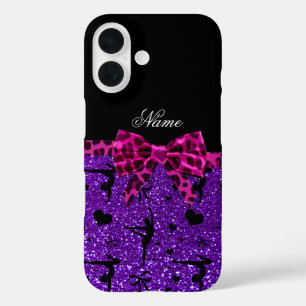 Custom name purple glitter gymnastics pink bow iPhone 16 case