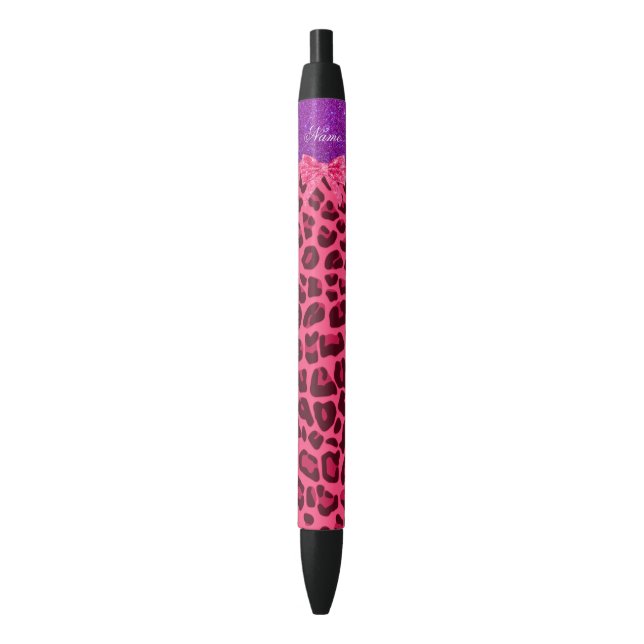 Custom name purple glitter pink leopard bow black ink pen (Front Vertical)