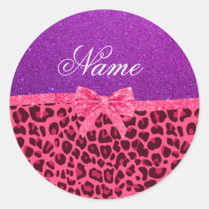 Custom name purple glitter pink leopard bow classic round sticker