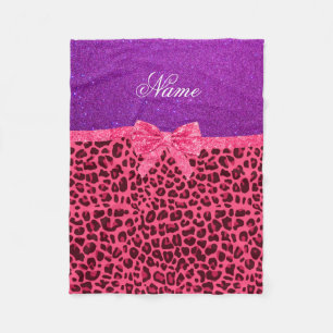 Custom name purple glitter pink leopard bow fleece blanket