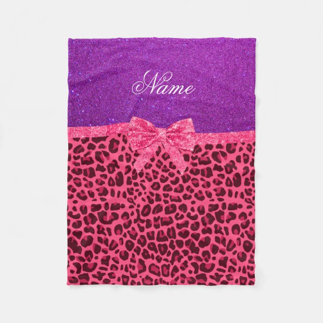Custom name purple glitter pink leopard bow fleece blanket (Front)