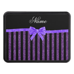 Custom name purple glitter stripes glitter bow trailer hitch cover