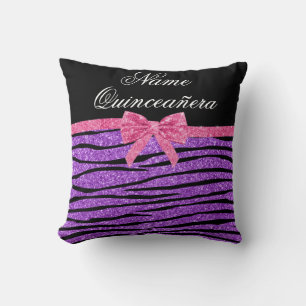 Custom name purple glitter zebra quinceañera throw pillow