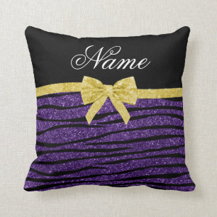 Custom name purple glitter zebra stripes gold bow throw pillow