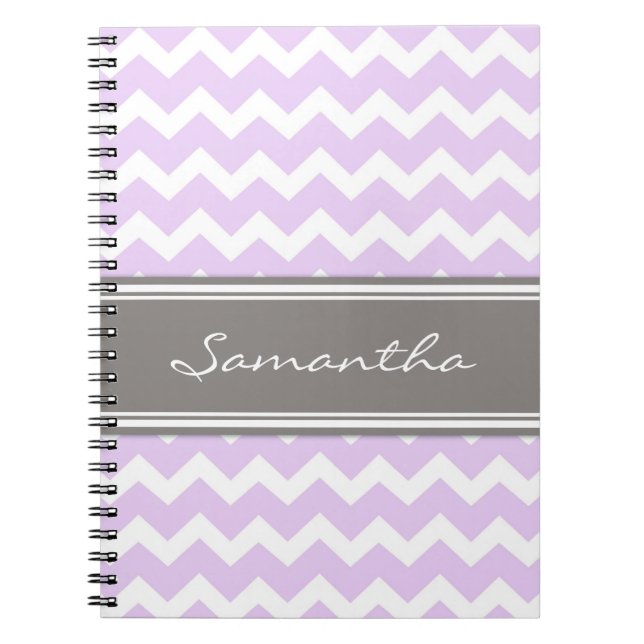 Custom Name Purple Grey Chevron Notebook (Front)