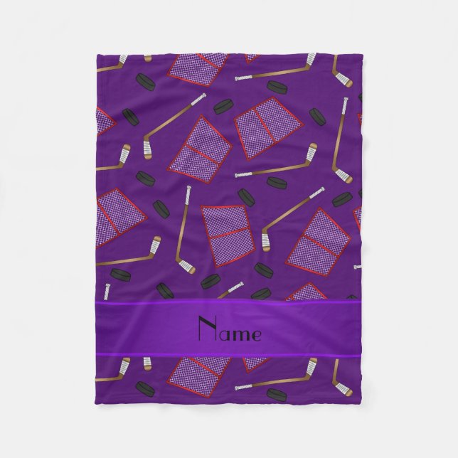 Custom name purple hockey sticks pucks nets fleece blanket (Front)