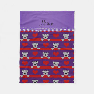 Custom name purple koalas red hearts stripes fleece blanket