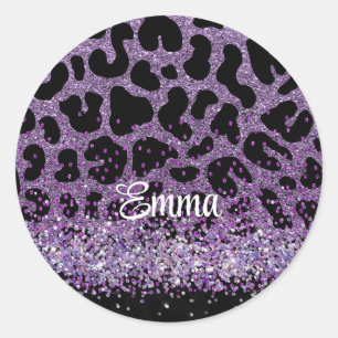 Custom name Purple Leopard glitter  Classic Round Sticker