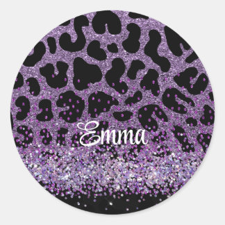 Custom name Purple Leopard glitter Classic Round Sticker