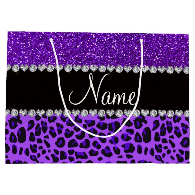 Custom name purple leopard indigo purple glitter large gift bag (Back)