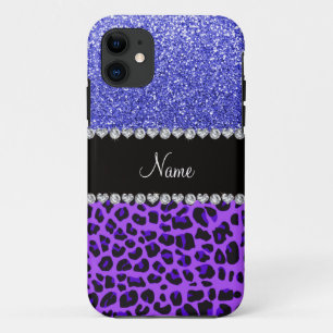 Custom name purple leopard neon blue glitter iPhone 11 case