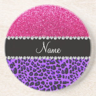 Custom name purple leopard neon hot pink glitter coaster