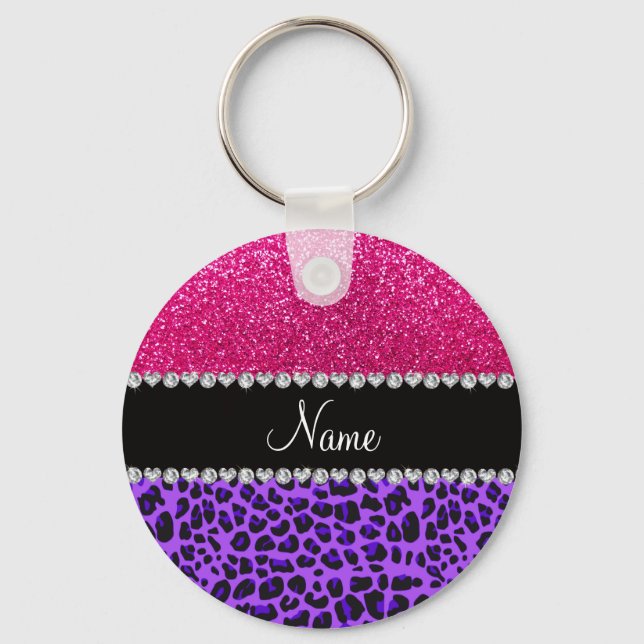 Custom name purple leopard neon hot pink glitter keychain (Front)