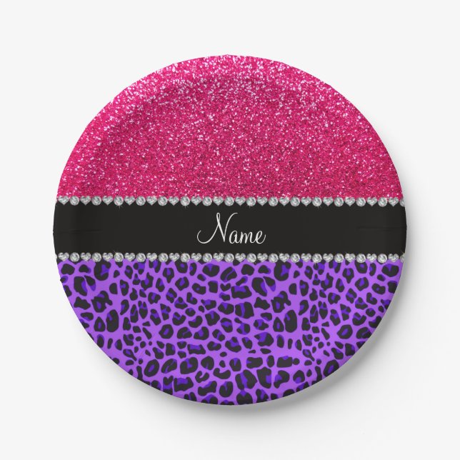 Custom name purple leopard neon hot pink glitter paper plate (Front)