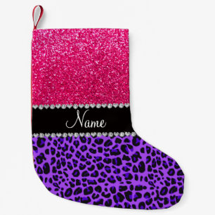 Custom name purple leopard neon hot pink glitter small christmas stocking
