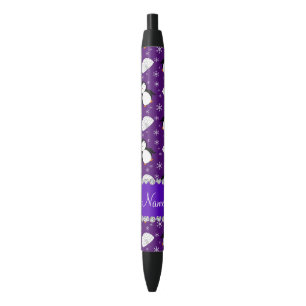 Custom name purple penguins igloos snowflakes black ink pen