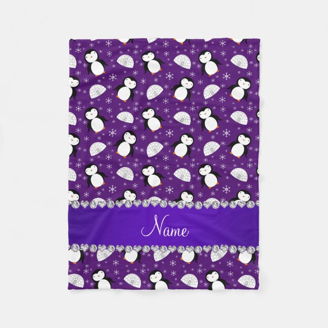 Custom name purple penguins igloos snowflakes fleece blanket (Front)