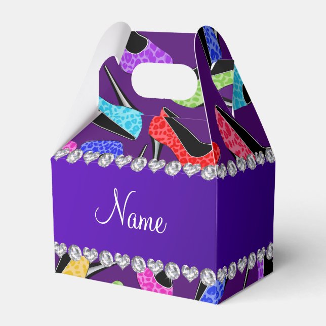 Custom name purple rainbow leopard high heels favor box (Front Side)