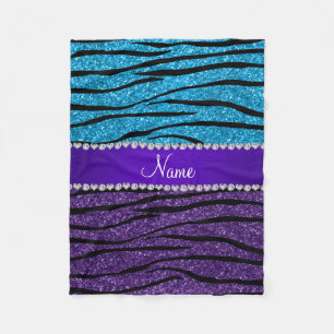 Custom name purple sky blue glitter zebra stripes fleece blanket