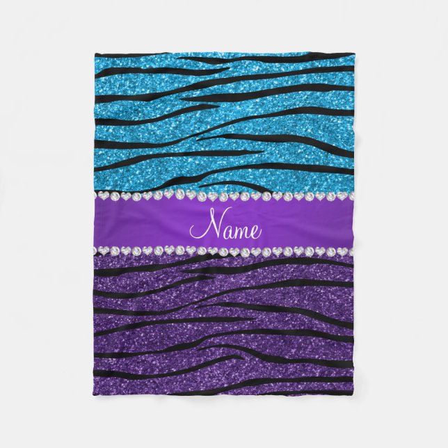 Custom name purple sky blue glitter zebra stripes fleece blanket (Front)