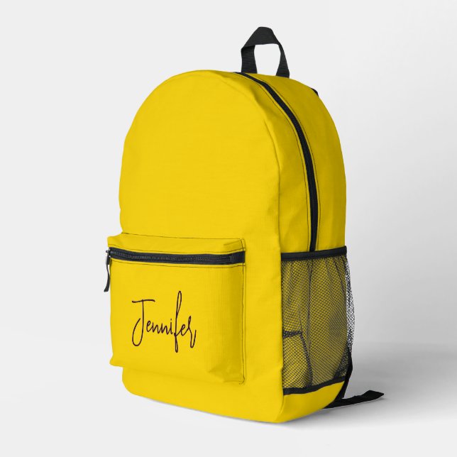 Custom name purple text yellow printed backpack (Back Corner Right)