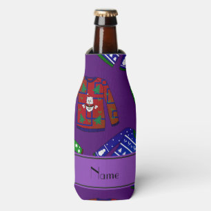 Custom name purple ugly christmas sweater pattern bottle cooler