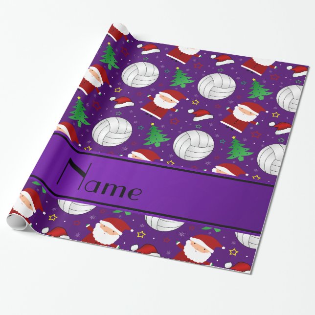 Custom name purple volleyball christmas pattern wrapping paper (Unrolled)