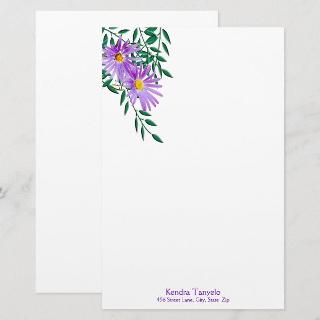 Custom Name Purple Wildflower Corner Borders Stationery (Front/Back)