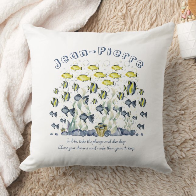 Custom Name Quote Yellow Blue Tropical Fish Ocean Throw Pillow (Blanket)