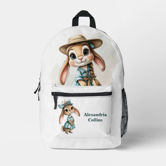 Custom Name Rabbit in a blue dress Printed Backpack (Front)