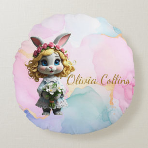 Custom Name Rabbit with flowers Round Pillow
